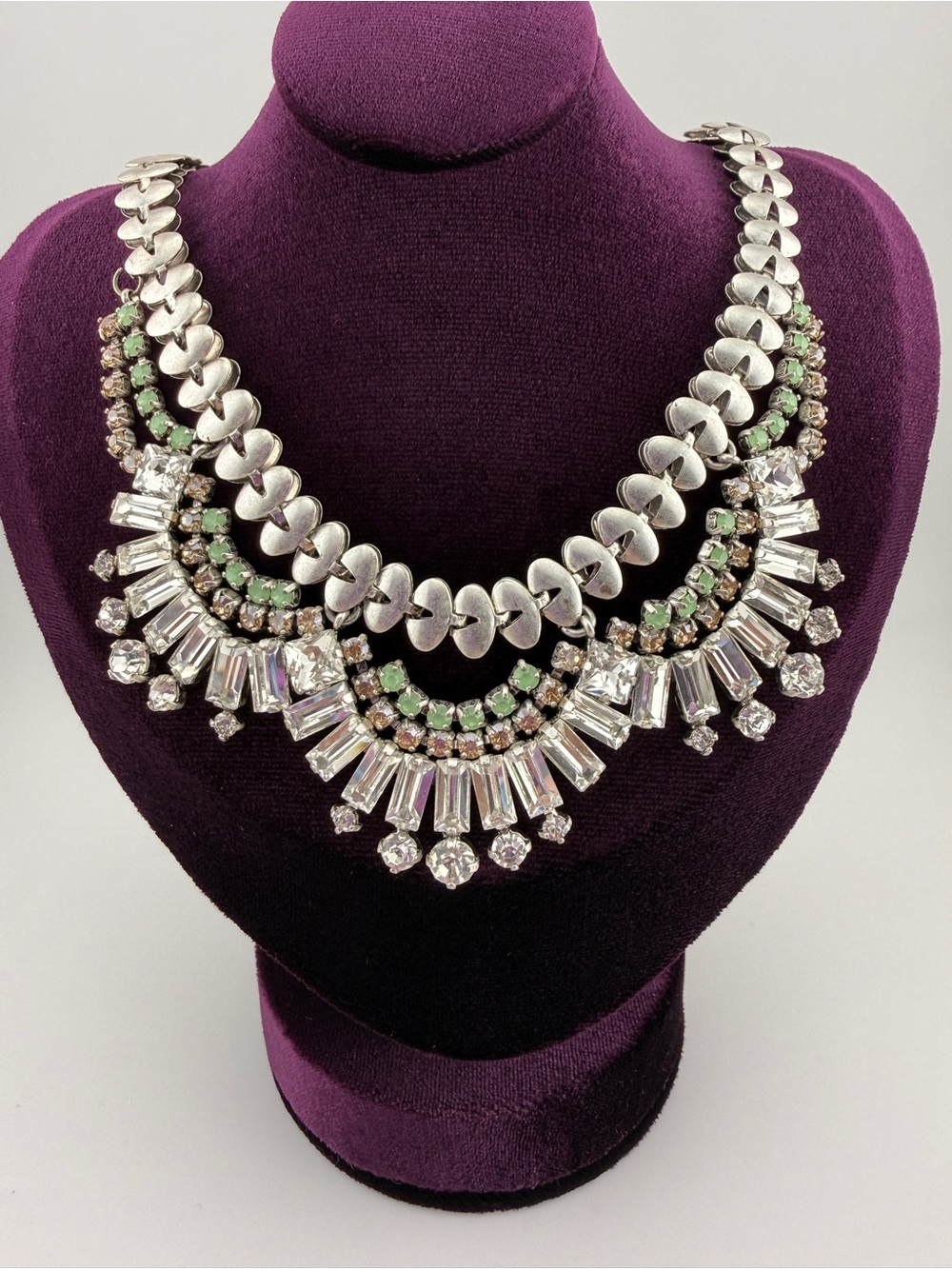 Stella & Dot Silver Toned Statement Necklace with Green/Peach/White Rhinestones